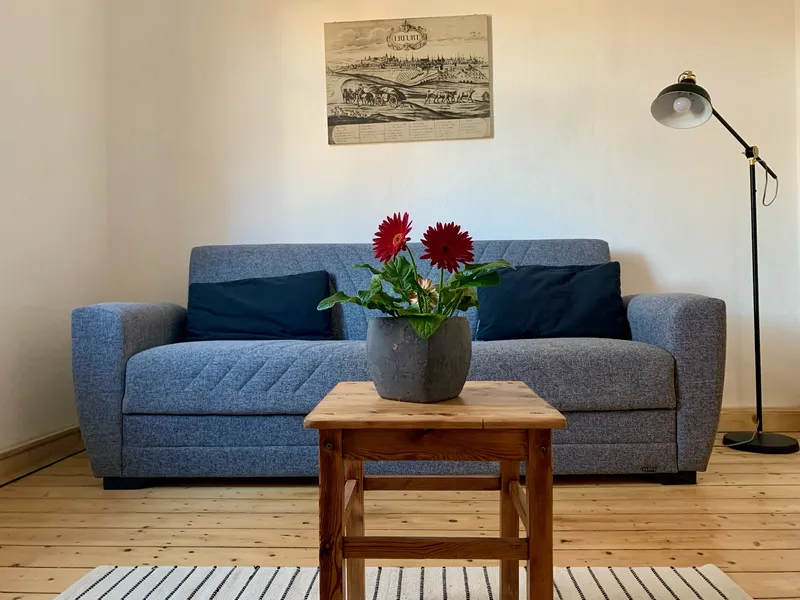 Helles Wohnzimmer mit TV und Sofa